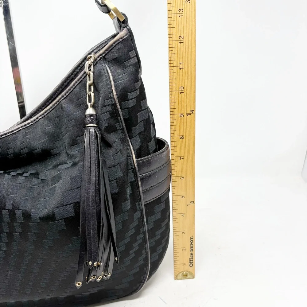 Cole Haan Black Checkered Fabric Leather Hobo Bag Tassel Gold Hardware